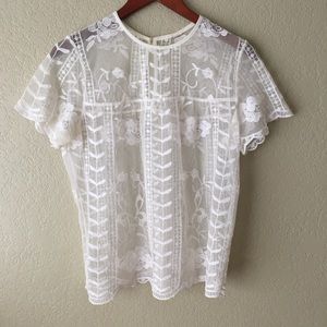 Sheer White Lace Floral Top T-Shirt Button Back